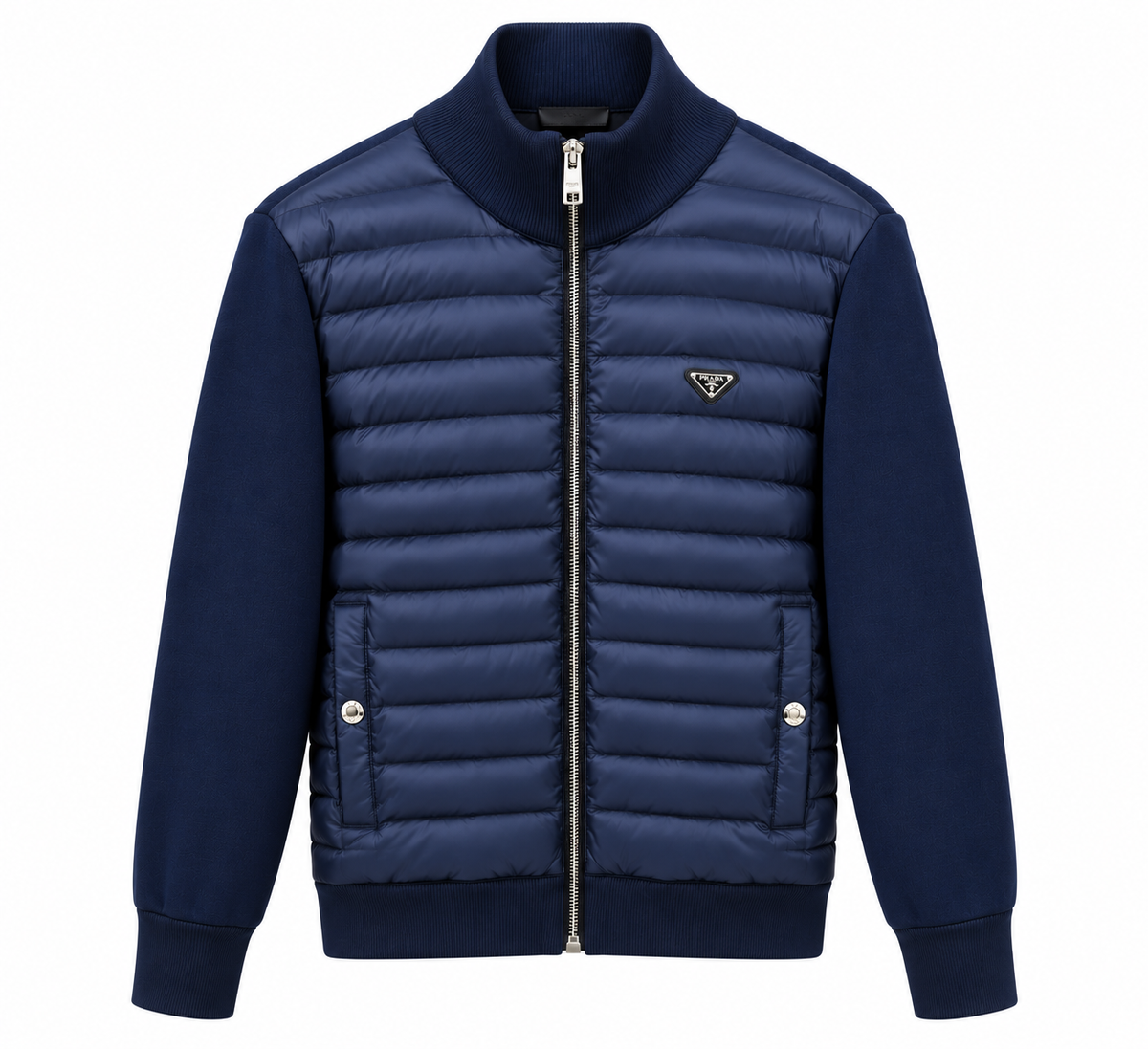 Prada Navy Blue Quilted Knit-Sleeve Jacket