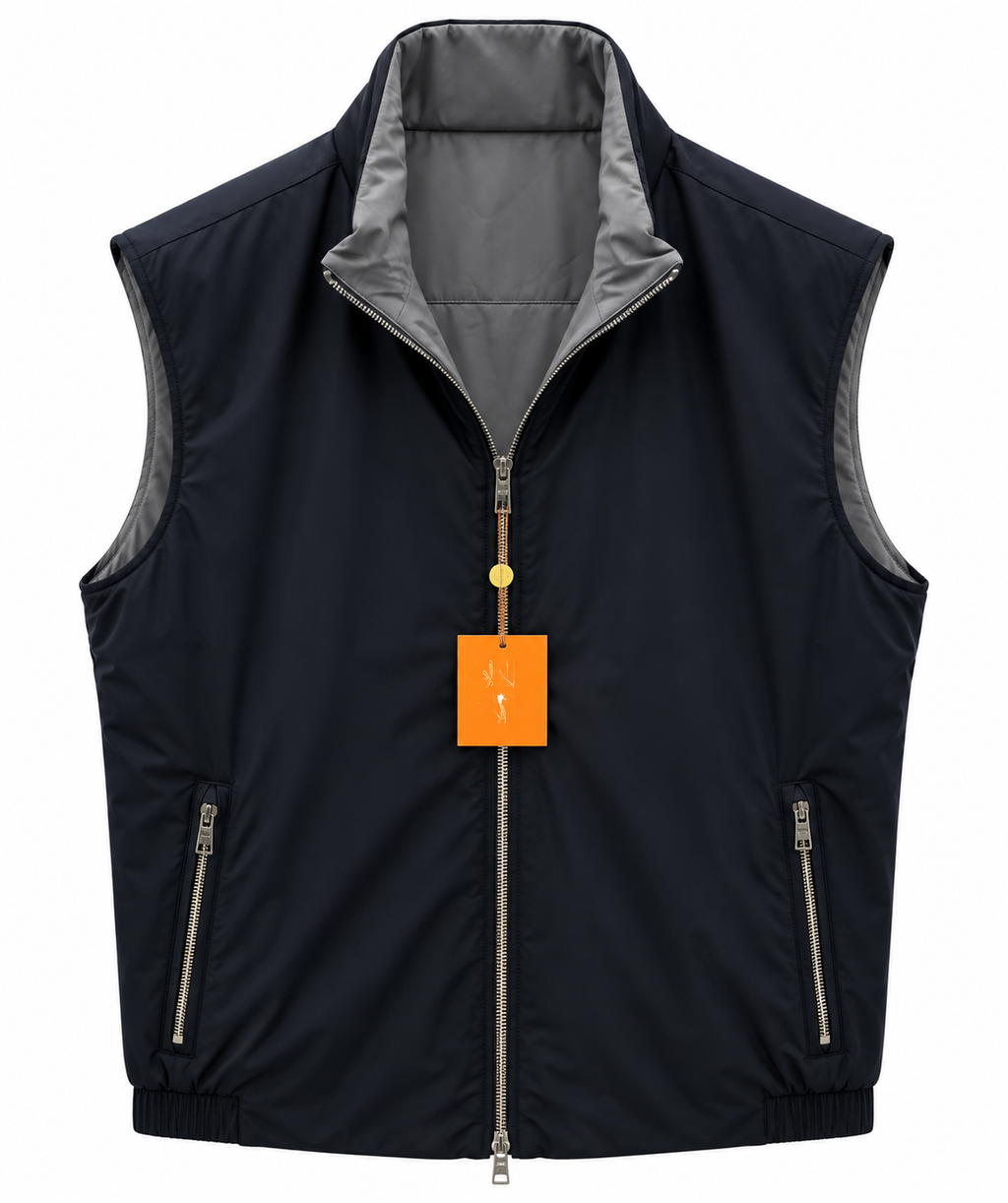 Loro Piana Contrast-Lined Zip-Up Vest – Navy Blue & Grey