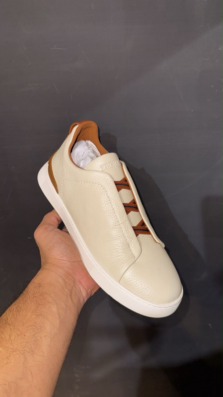ZEGNA Leather Slip-On Sneakers – Ivory & Cognac