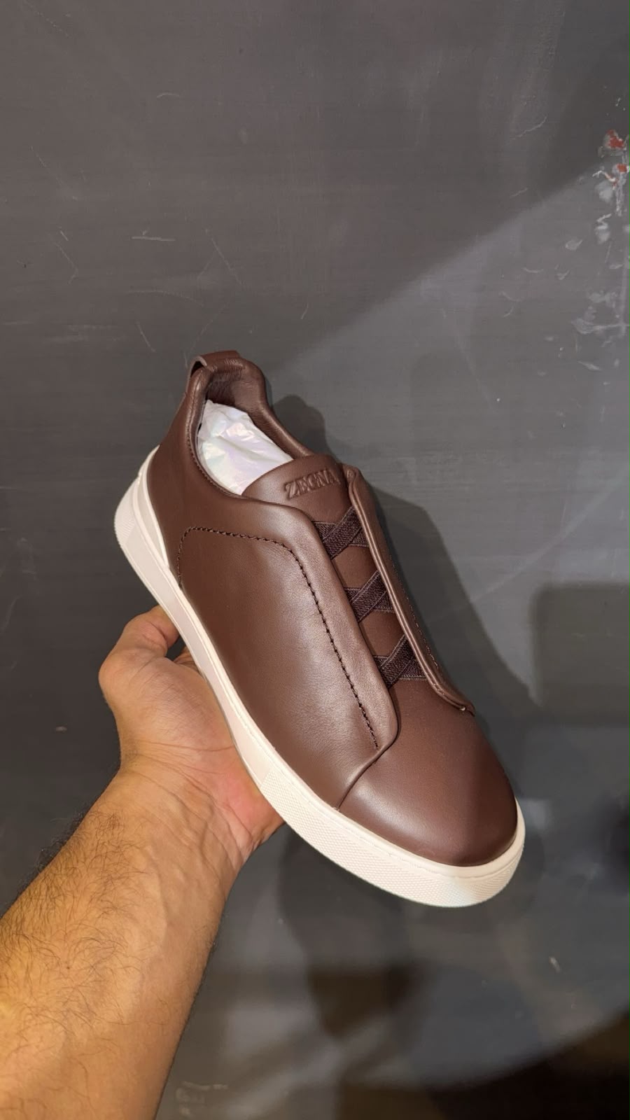 Zegna Leather Slip-On Sneakers – Brown & Ivory