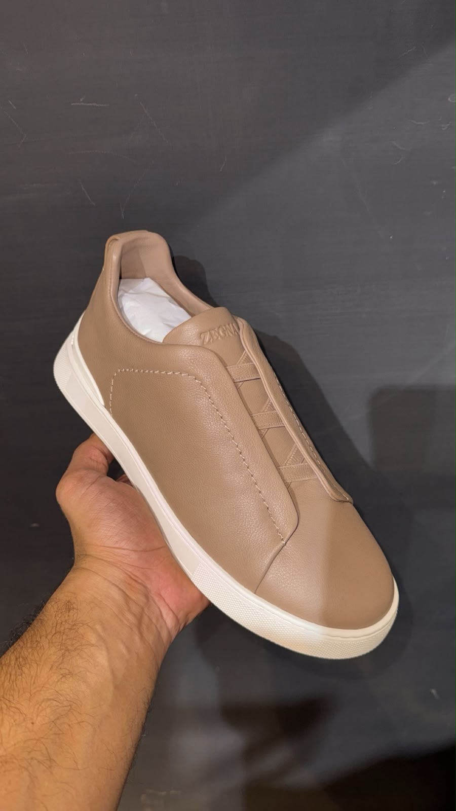 Zegna Leather Slip-On Sneakers – Taupe Beige & Ivory