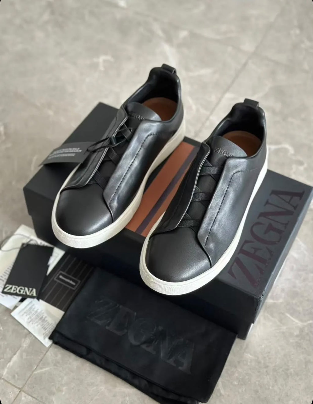 ZEGNA Leather Slip-On Sneakers – Black & White