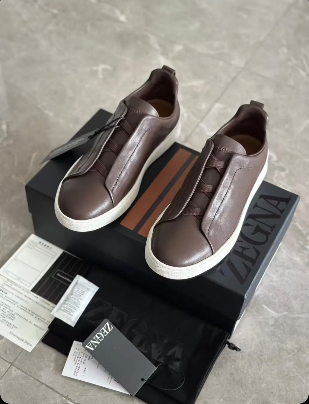 Zegna Leather Slip-On Sneakers – Espresso Brown & White
