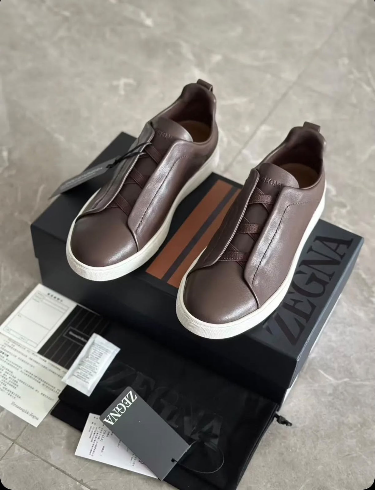 Zegna Leather Slip-On Sneakers – Espresso Brown & White