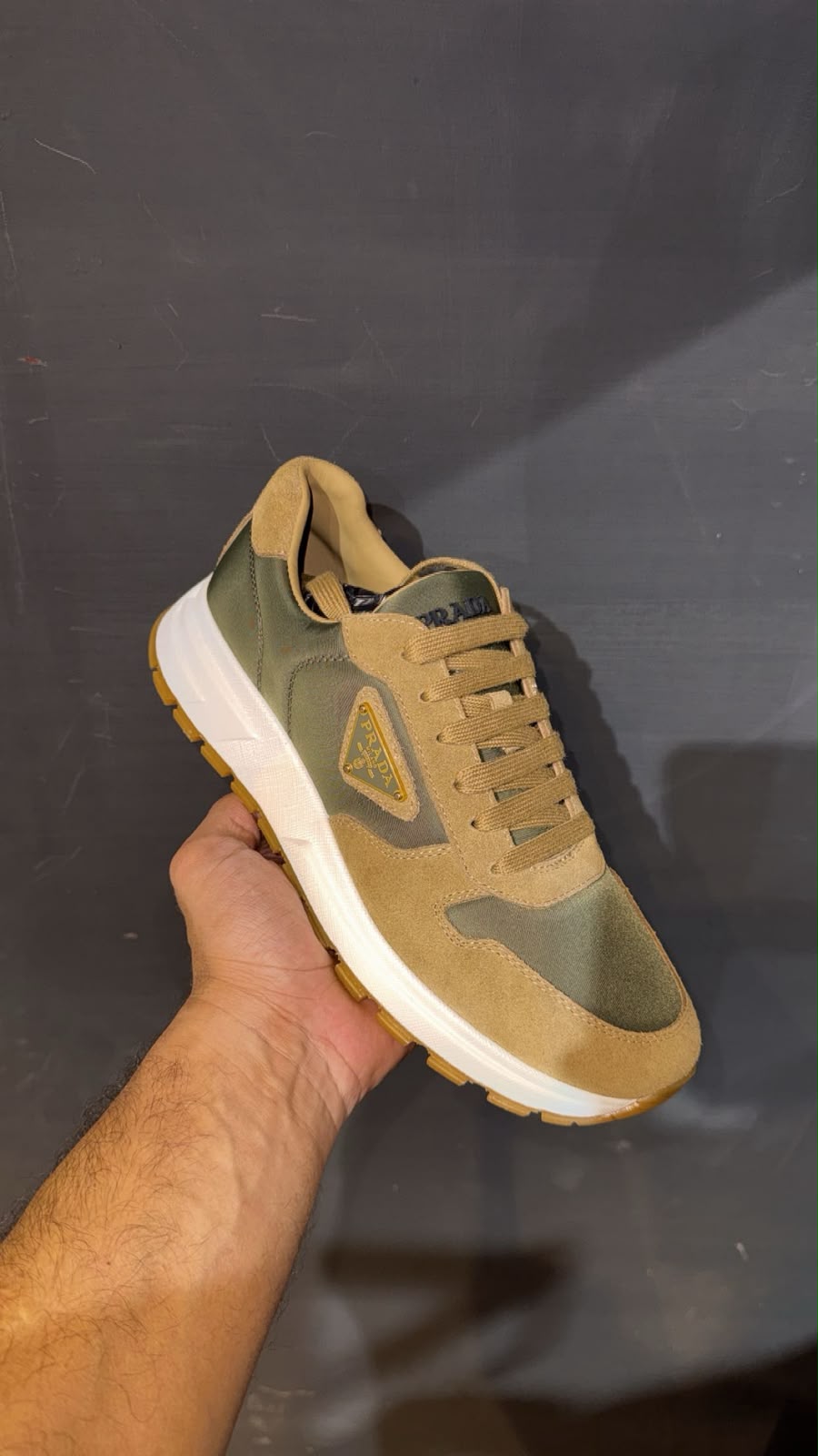 Prada Mixed-Material Runner Sneakers – Olive Green & Sand
