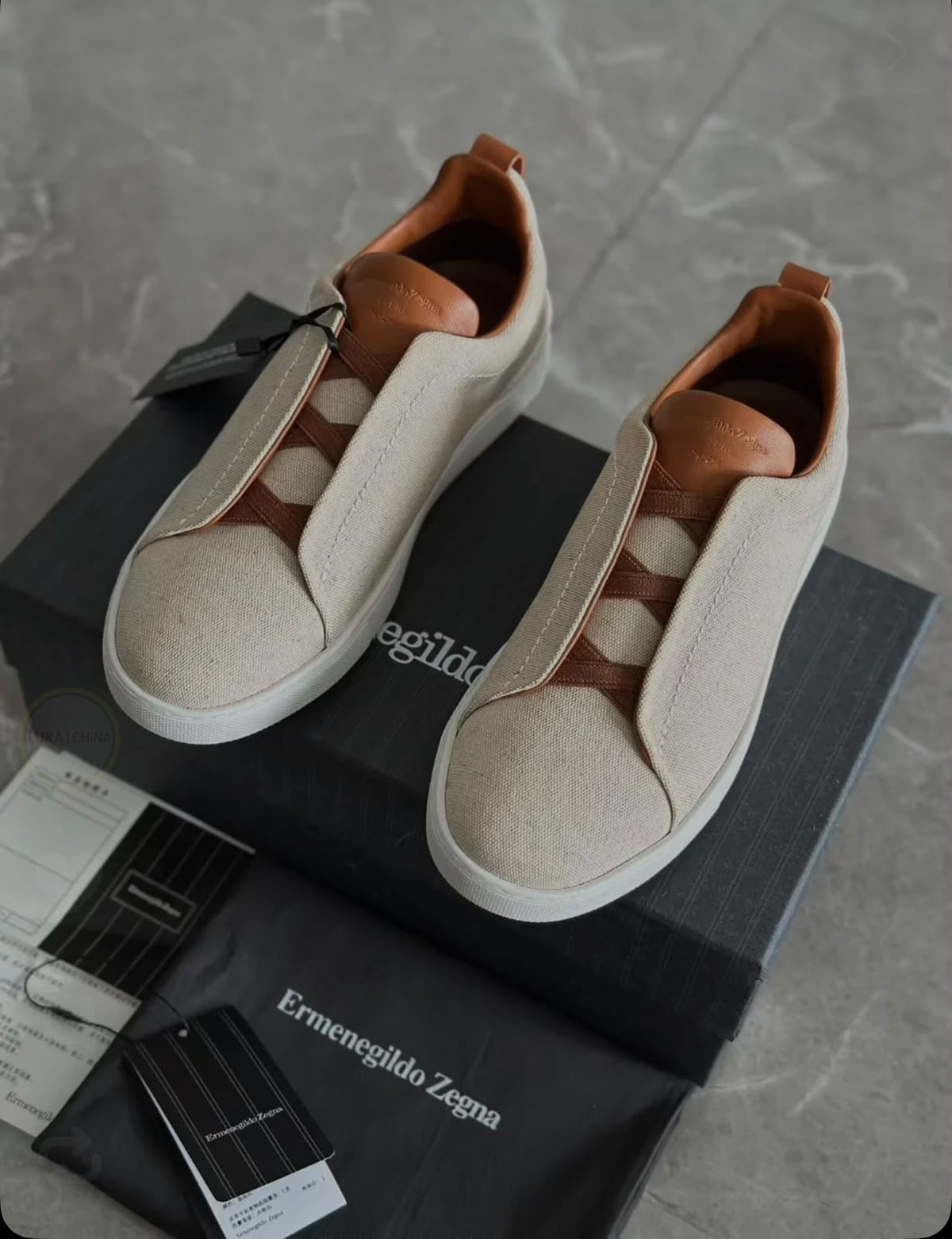ZEGNA Leather Slip-On Sneakers – Ivory & Cognac