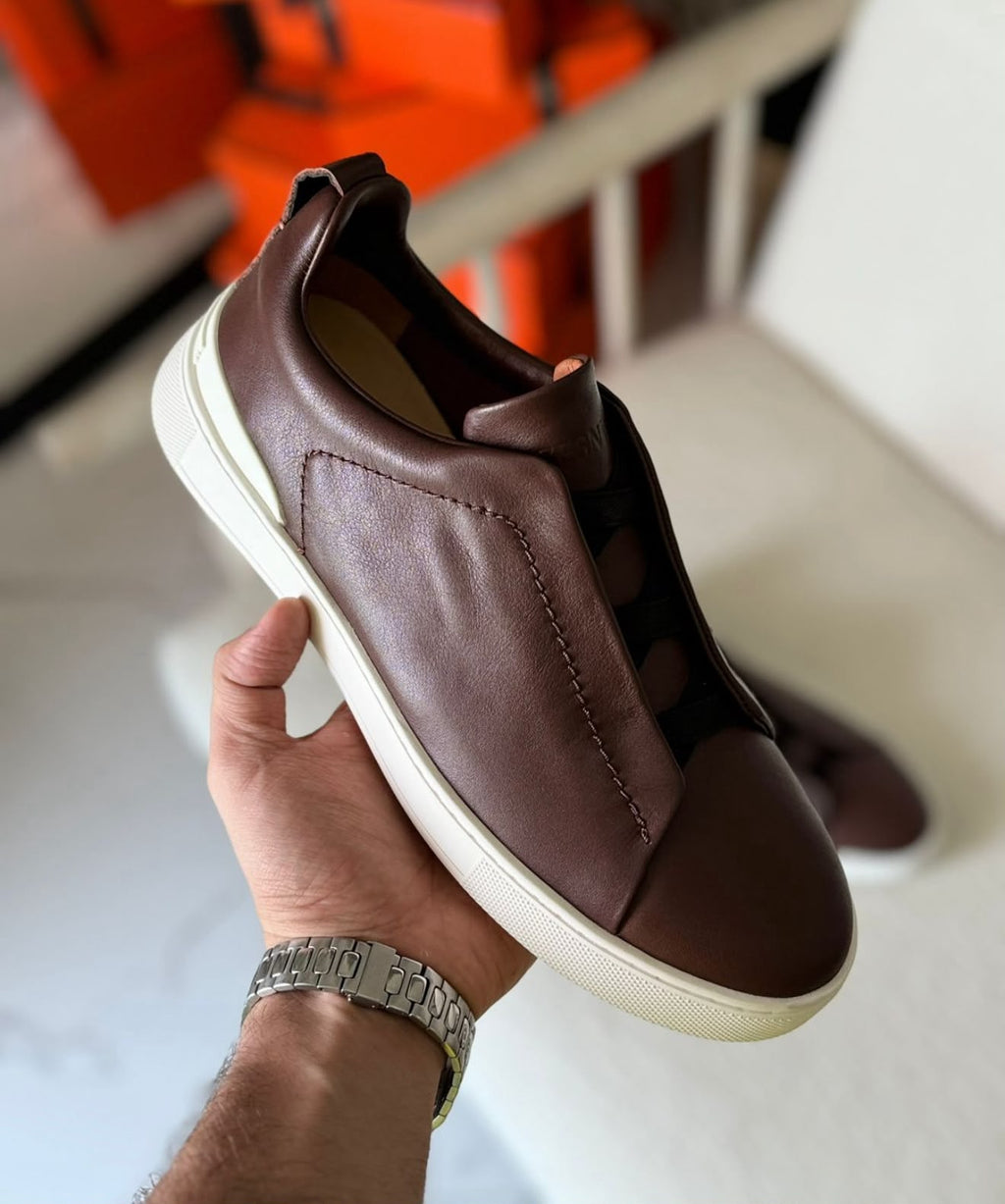 Zegna Leather Slip-On Sneakers – Brown & Ivory