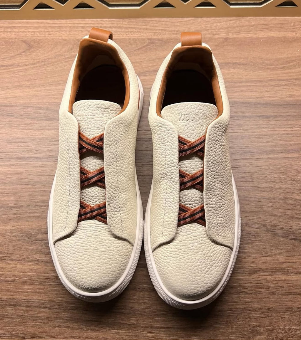 ZEGNA Leather Slip-On Sneakers – Ivory & Cognac