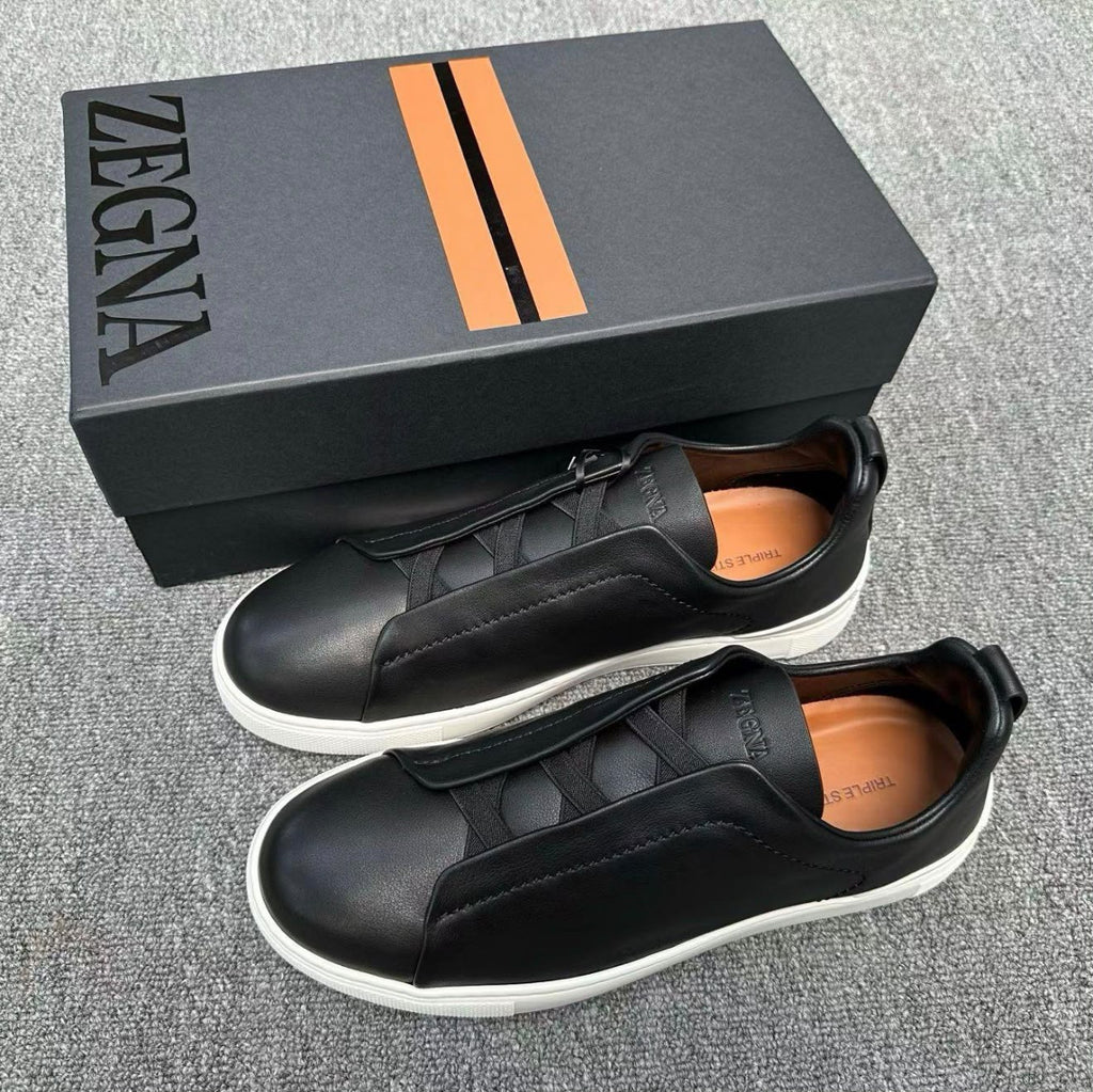 ZEGNA Leather Slip-On Sneakers – Black & White