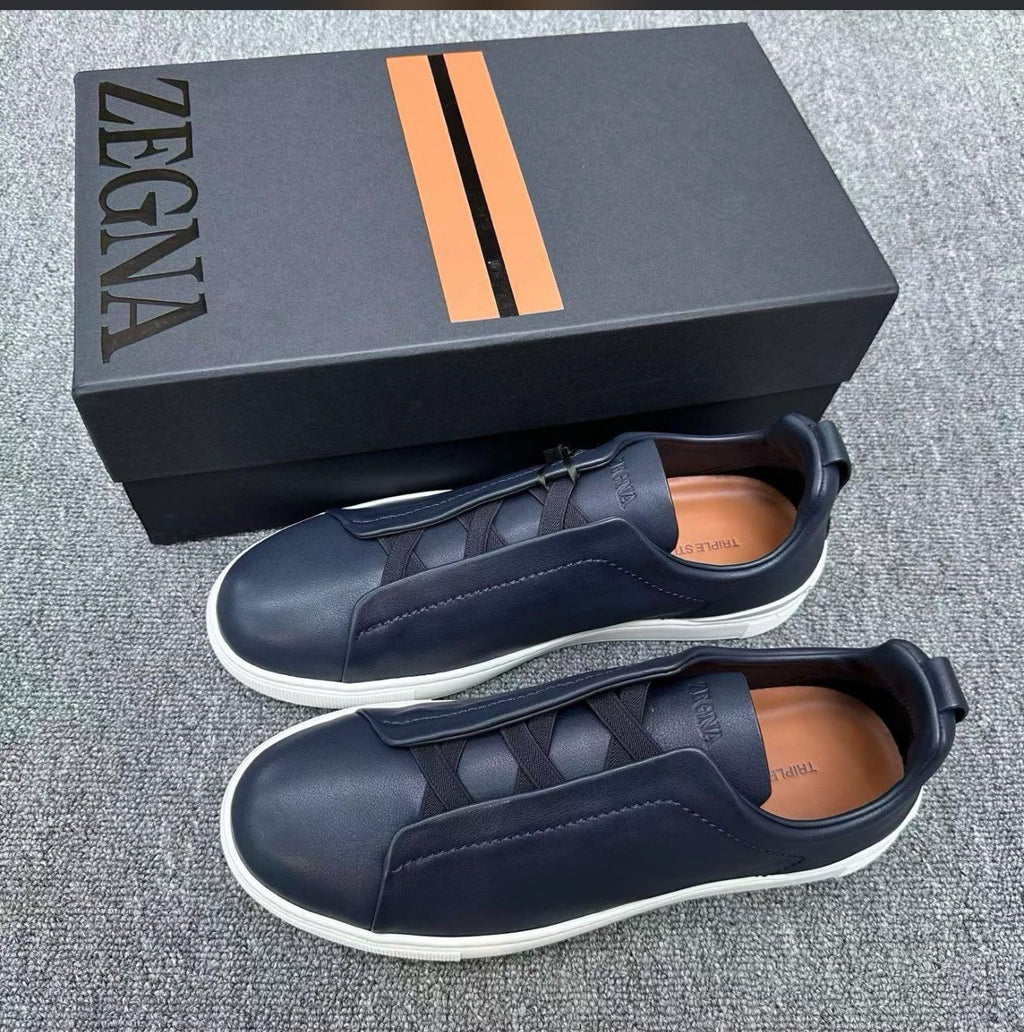 ZEGNA Leather Slip-On Sneakers – Navy & Ivory