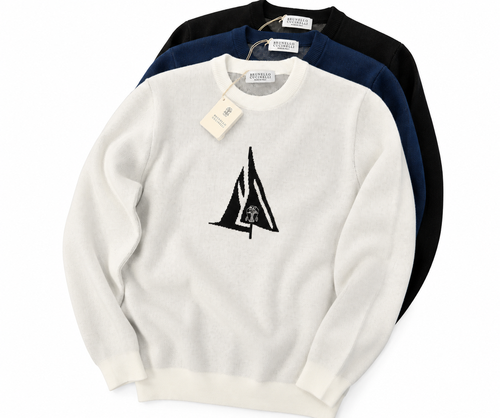 Brunello Cucinelli Logo Knit Crewneck Sweater – Ivory & Black