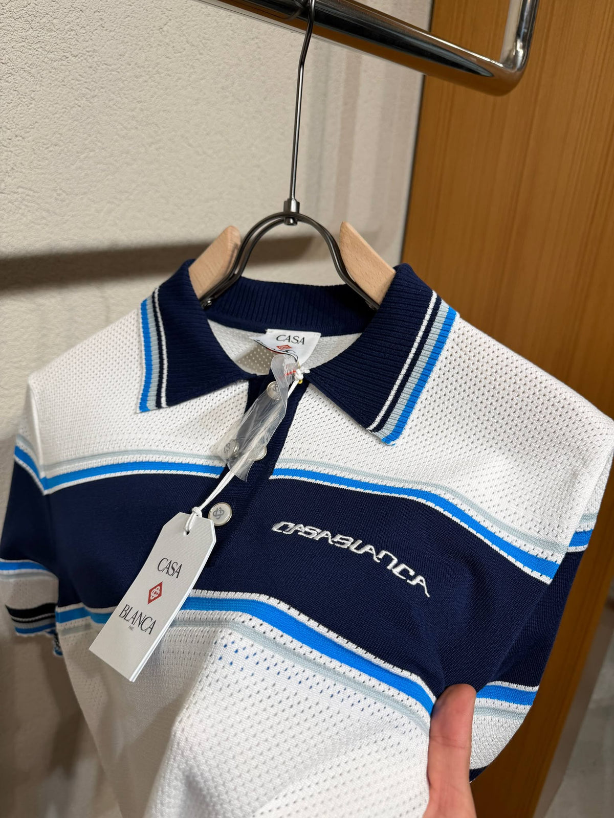 Casablanca Striped Knit Polo – White & Navy