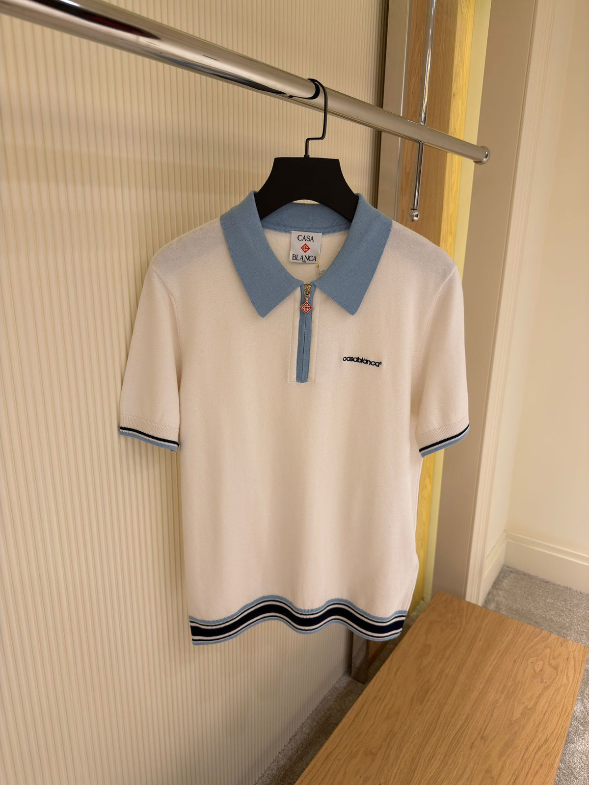 Casablanca Zip Knit Polo – Cream & Light Blue