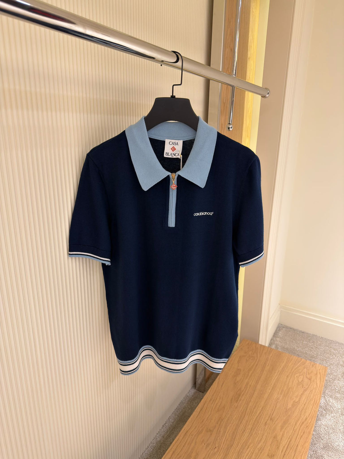 Casablanca Zip Knit Polo – Navy & Light Blue