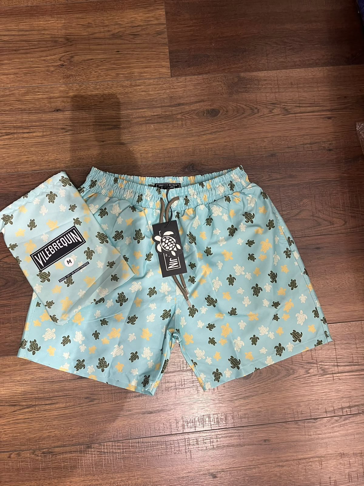 Vilebrequin Multicolor Turtle Print Swim Shorts with Pouch – Light Aqua