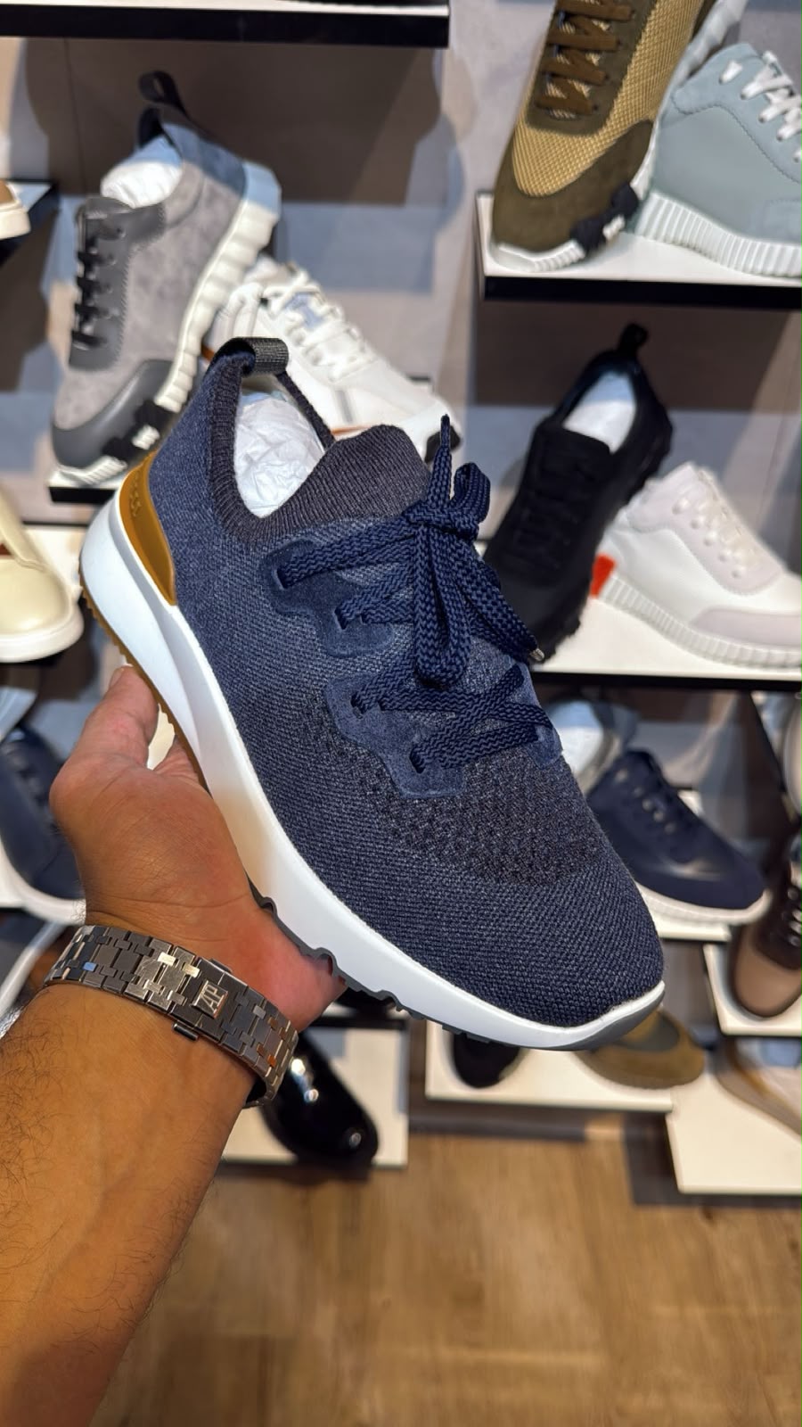 Brunello Cucinelli Knit Runner Sneakers – Navy & Camel