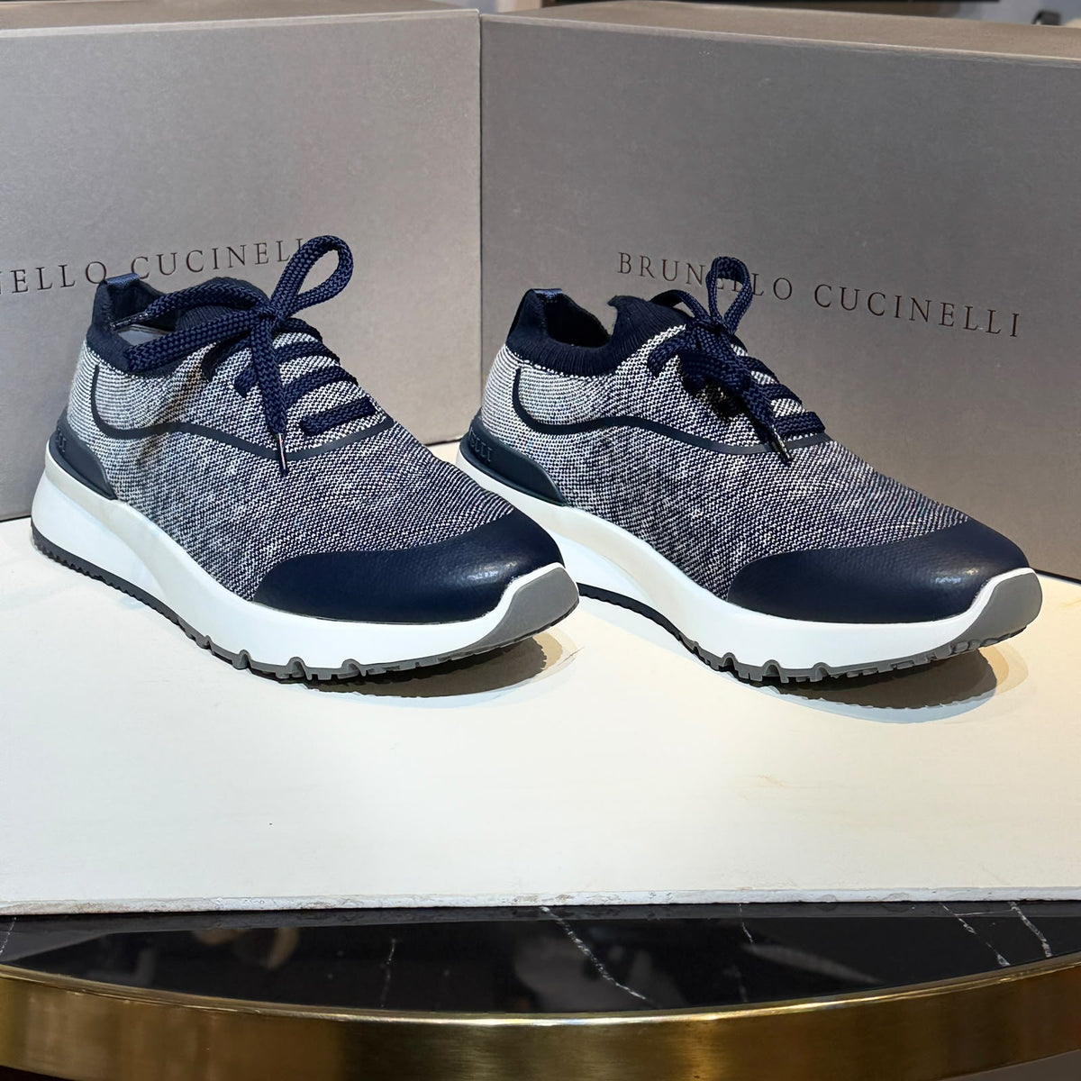 Brunello Cucinelli Knit Runner Sneakers – Navy & White
