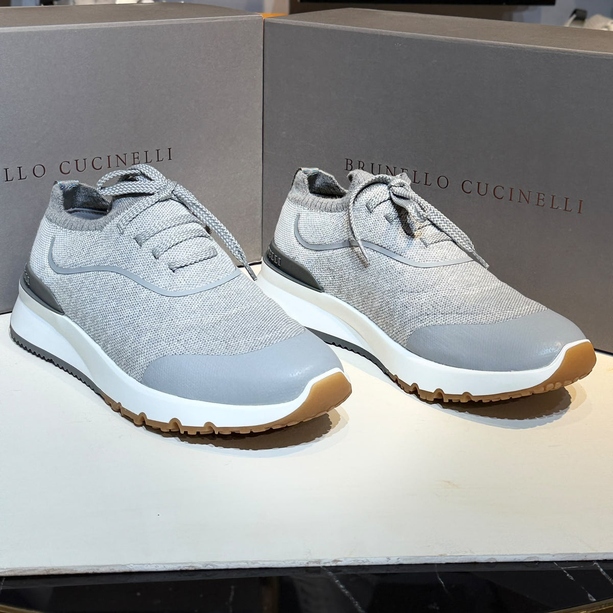 Brunello Cucinelli Knit Runner Sneakers – Light Grey & Gum