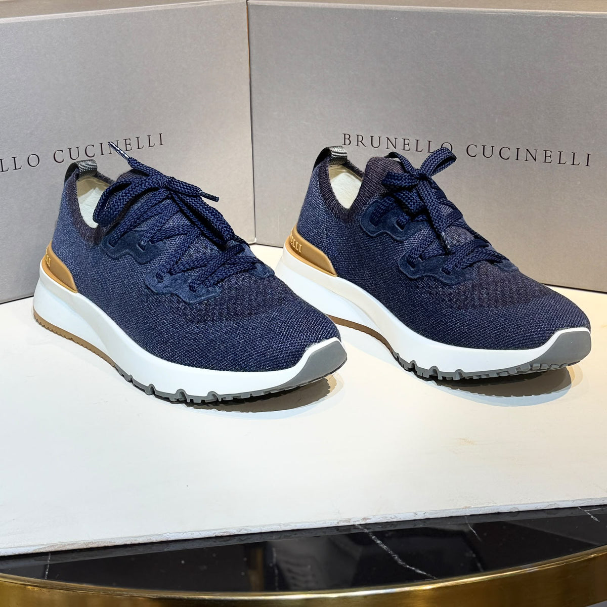 Brunello Cucinelli Knit Runner Sneakers – Navy & Camel