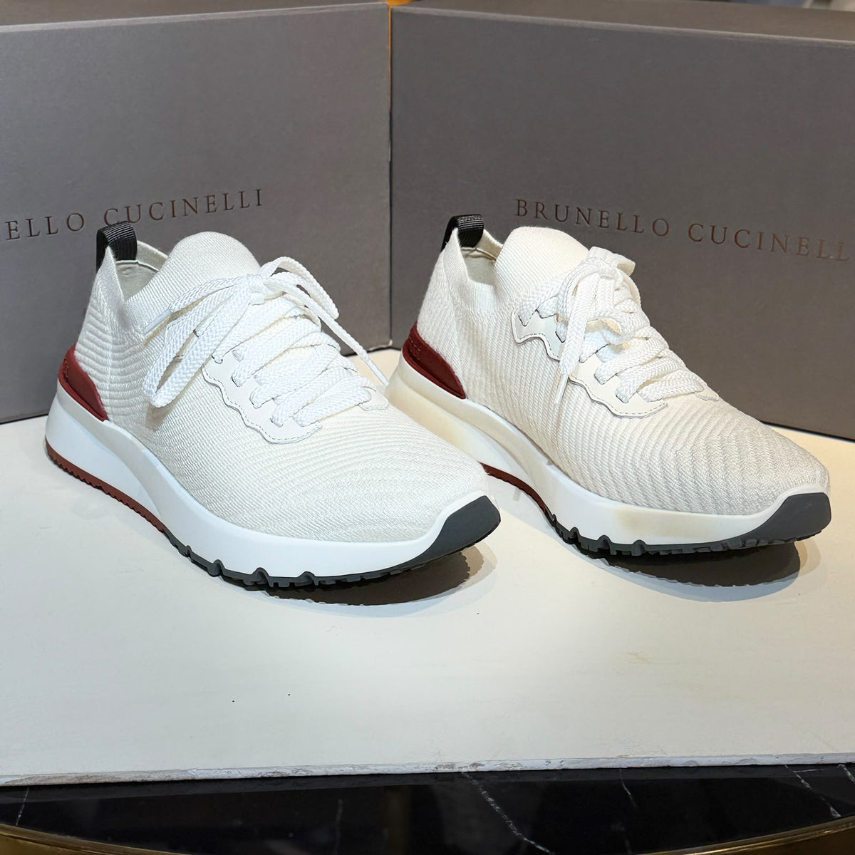 Brunello Cucinelli Knit Runner Sneakers – Ivory & Burgundy