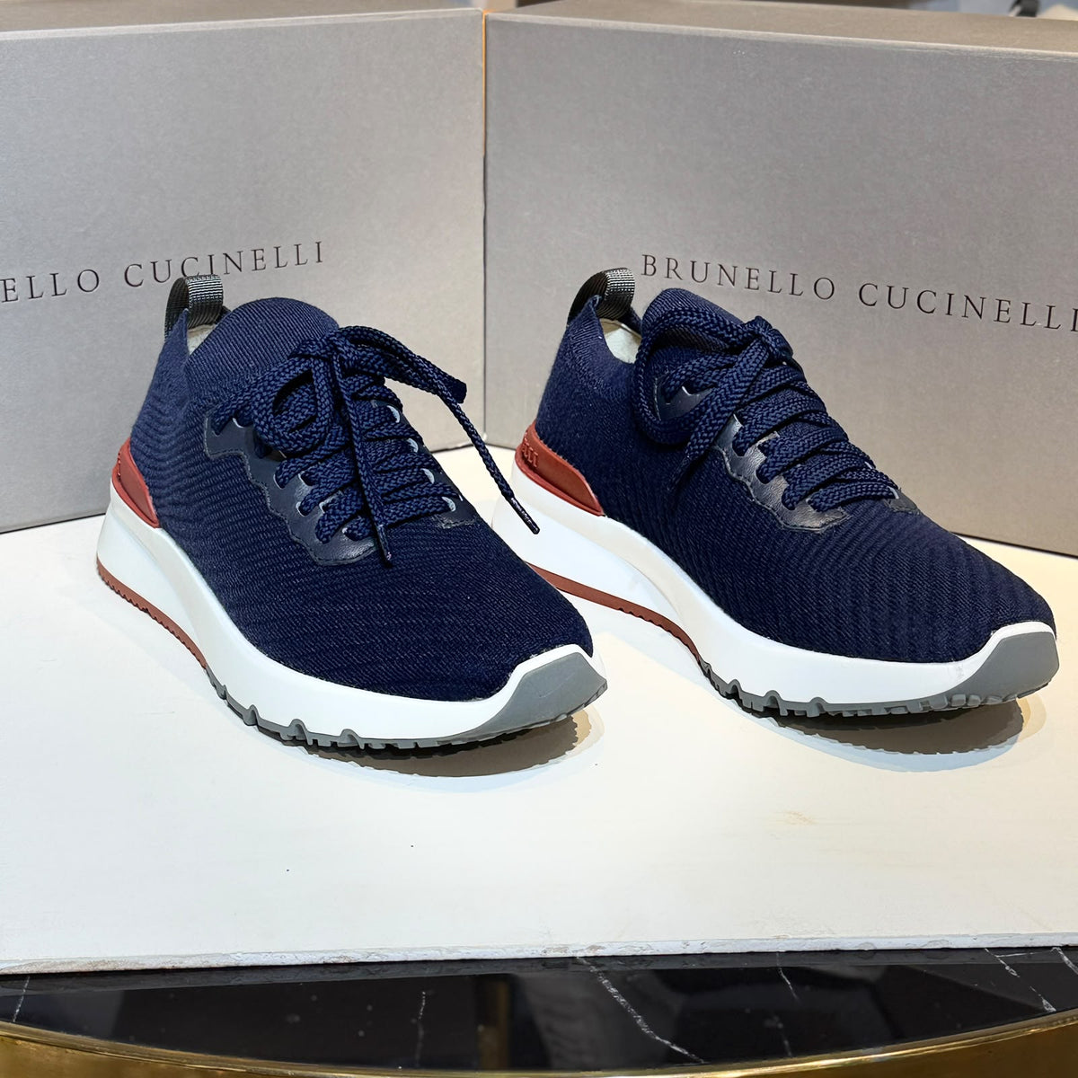 Brunello Cucinelli Knit Runner Sneakers – Navy & Burgundy