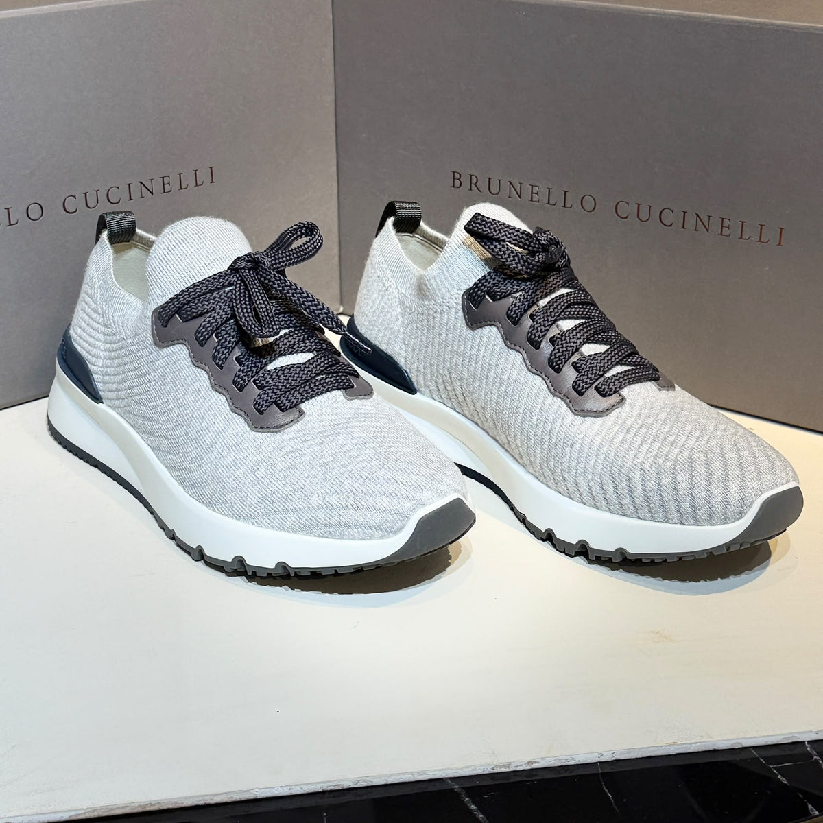 Brunello Cucinelli Knit Runner Sneakers – Light Grey & Charcoal